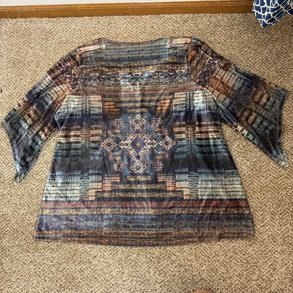 One World Brown Aztec Velour Sequin Kimono Sleeve Top Womens 2X EUC Boho - Picture 11 of 11